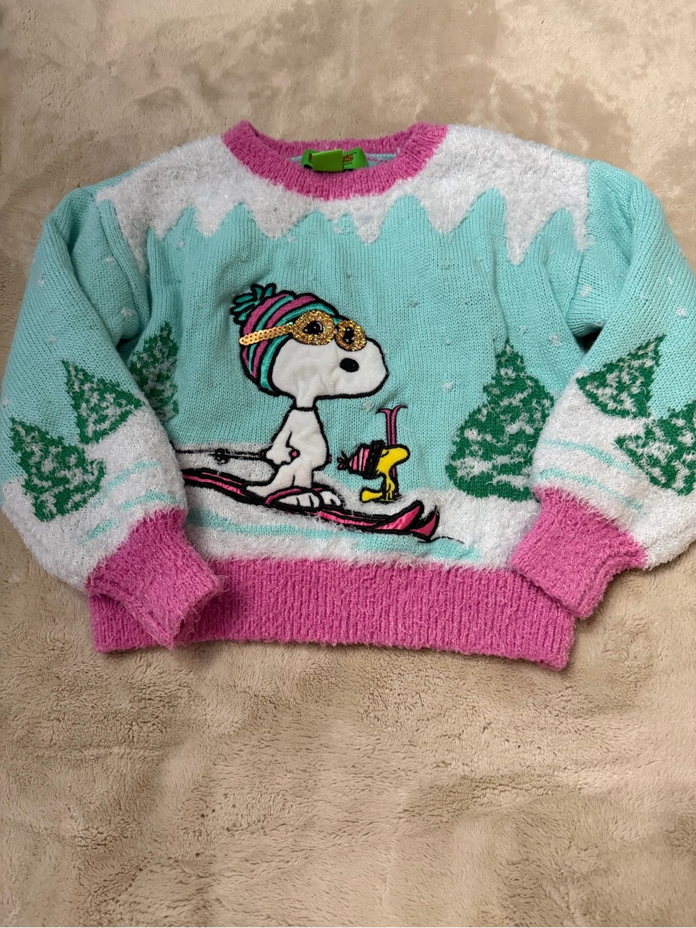 Peanuts Ski Snoopy Sweater in Mint, Pink & Green Sz 6/6x